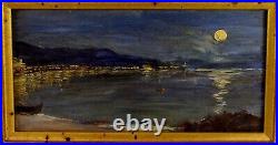 Vintage Nocturnal Oil Painting of the Bay of Nice, Signed and dated