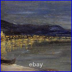 Vintage Nocturnal Oil Painting of the Bay of Nice, Signed and dated