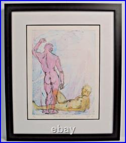 Vintage Nude Male Art Gay Interest Boys At The Pool Signed Numbered Watercolor