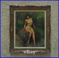 Vintage Nude Portrait Painting Woman Lady Oil on Canvas Signed