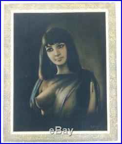 Vintage Nude Woman Black Velvet Painting mid century girl pinup signed retro EC