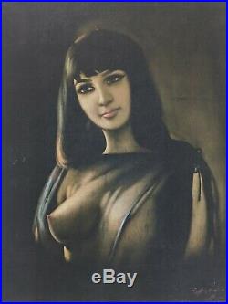 Vintage Nude Woman Black Velvet Painting mid century girl pinup signed retro EC