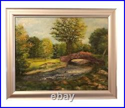 Vintage Oil On Board Painting Jean B. Egan Landscape Stone Bridge Water Trees