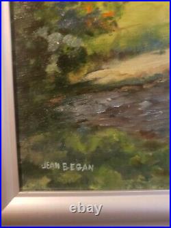Vintage Oil On Board Painting Jean B. Egan Landscape Stone Bridge Water Trees