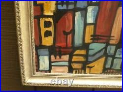 Vintage Oil On Canvas Abstract Modernist Cityscape signed Weiss 1974 Warehouses