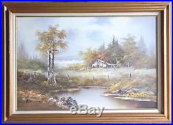 Vintage Oil On Canvas Painting 24x36 Original Landscape Lake Framed Art Signed