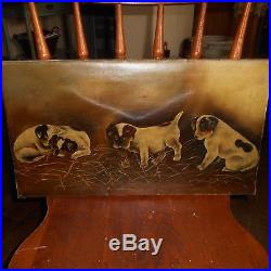 Vintage Oil On Canvas Painting-4 TERRIER PUPPIES DOGS-Signed G. H. C. 1893