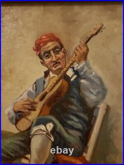 Vintage Oil On Canvas Painting Man Playing Guitar Signed Stunning