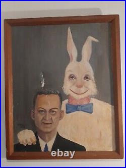 Vintage Oil On Canvas Painting Of Man & Rabbit 33 X 27 Signed W Harris 1962