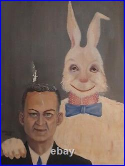 Vintage Oil On Canvas Painting Of Man & Rabbit 33 X 27 Signed W Harris 1962