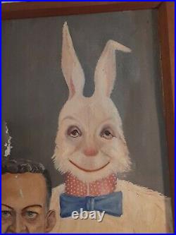 Vintage Oil On Canvas Painting Of Man & Rabbit 33 X 27 Signed W Harris 1962