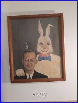 Vintage Oil On Canvas Painting Of Man & Rabbit 33 X 27 Signed W Harris 1962