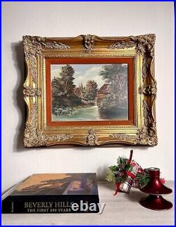 Vintage Oil On Canvas Painting River Mill Landscape Framed Signed Christmas Gift