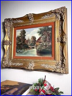Vintage Oil On Canvas Painting River Mill Landscape Framed Signed Christmas Gift
