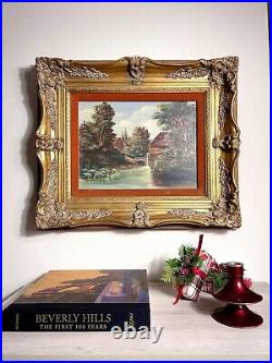 Vintage Oil On Canvas Painting River Mill Landscape Framed Signed Christmas Gift