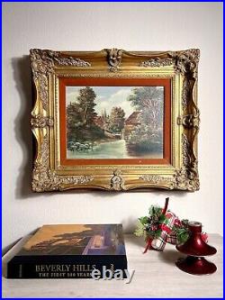 Vintage Oil On Canvas Painting River Mill Landscape Framed Signed Christmas Gift