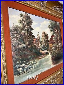 Vintage Oil On Canvas Painting River Mill Landscape Framed Signed Christmas Gift