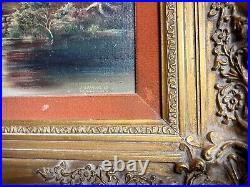 Vintage Oil On Canvas Painting River Mill Landscape Framed Signed Christmas Gift