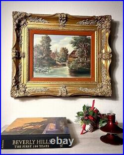 Vintage Oil On Canvas Painting River Mill Landscape Framed Signed Christmas Gift