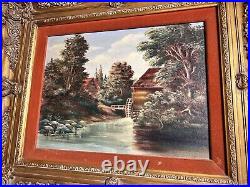 Vintage Oil On Canvas Painting River Mill Landscape Framed Signed Christmas Gift