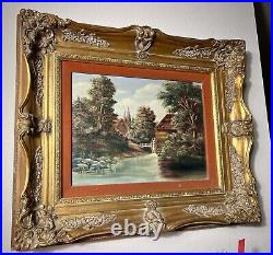 Vintage Oil On Canvas Painting River Mill Landscape Framed Signed Christmas Gift