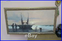 Vintage Oil On Canvas Painting Signed Martens Fishing Boats Framed 19 X 34