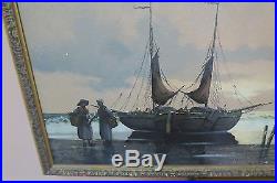 Vintage Oil On Canvas Painting Signed Martens Fishing Boats Framed 19 X 34