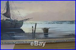 Vintage Oil On Canvas Painting Signed Martens Fishing Boats Framed 19 X 34