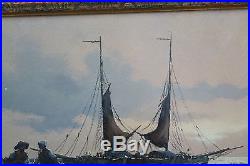 Vintage Oil On Canvas Painting Signed Martens Fishing Boats Framed 19 X 34