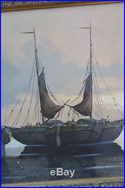 Vintage Oil On Canvas Painting Signed Martens Fishing Boats Framed 19 X 34