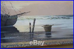 Vintage Oil On Canvas Painting Signed Martens Fishing Boats Framed 19 X 34