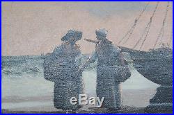 Vintage Oil On Canvas Painting Signed Martens Fishing Boats Framed 19 X 34