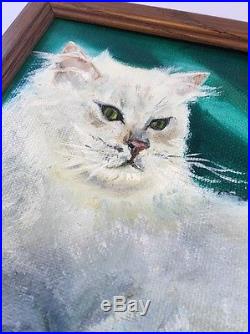 Vintage Oil PAINTING WHITE KITTEN CAT MCM Mid Century FRAME ARTIST SIGNED CUTE