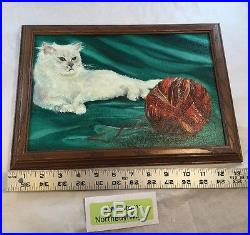 Vintage Oil PAINTING WHITE KITTEN CAT MCM Mid Century FRAME ARTIST SIGNED CUTE