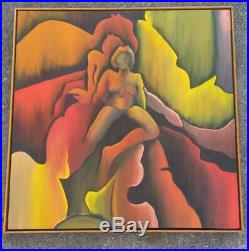 Vintage Oil Painting Abstract Nude Woman MCM Portrait Expressionist Mid Century