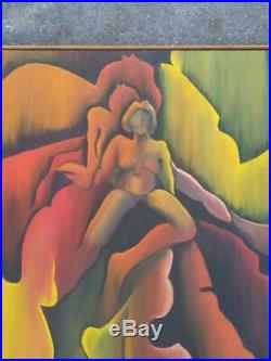Vintage Oil Painting Abstract Nude Woman MCM Portrait Expressionist Mid Century