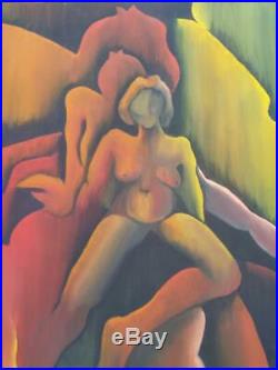 Vintage Oil Painting Abstract Nude Woman MCM Portrait Expressionist Mid Century