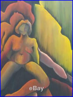 Vintage Oil Painting Abstract Nude Woman MCM Portrait Expressionist Mid Century