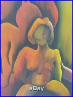 Vintage Oil Painting Abstract Nude Woman MCM Portrait Expressionist Mid Century