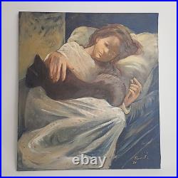 Vintage Oil Painting Art Artwork Canvas Signed 1971 Girl & Black Cat 20 x 22