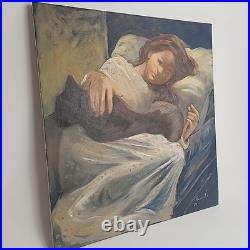Vintage Oil Painting Art Artwork Canvas Signed 1971 Girl & Black Cat 20 x 22