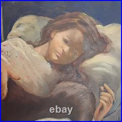 Vintage Oil Painting Art Artwork Canvas Signed 1971 Girl & Black Cat 20 x 22