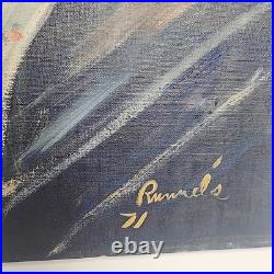 Vintage Oil Painting Art Artwork Canvas Signed 1971 Girl & Black Cat 20 x 22