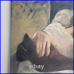 Vintage Oil Painting Art Artwork Canvas Signed 1971 Girl & Black Cat 20 x 22