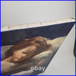 Vintage Oil Painting Art Artwork Canvas Signed 1971 Girl & Black Cat 20 x 22