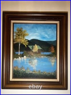 Vintage Oil Painting Autumn Lake Cabin Scene Signed R Wolf Framed 20x16