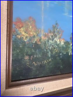 Vintage Oil Painting Autumn Lake Cabin Scene Signed R Wolf Framed 20x16