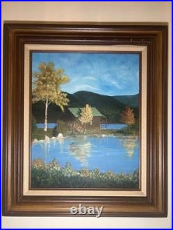 Vintage Oil Painting Autumn Lake Cabin Scene Signed R Wolf Framed 20x16 Vintage Oil Painting Autumn Lake Cabin Scene Signed R Wolf Framed 20x16