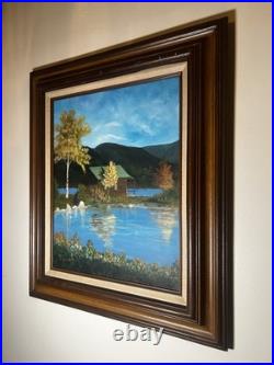 Vintage Oil Painting Autumn Lake Cabin Scene Signed R Wolf Framed 20x16