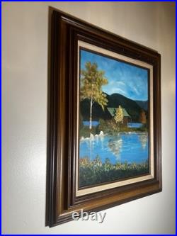 Vintage Oil Painting Autumn Lake Cabin Scene Signed R Wolf Framed 20x16